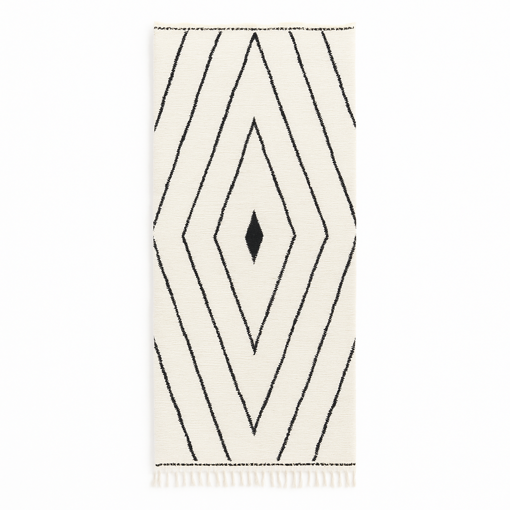 Handmade Moroccan runner rug with black geometric diamond pattern on a white wool background.