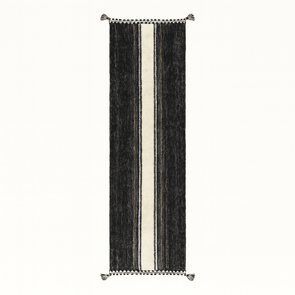 Black and white Moroccan kilim runner rug with central white stripe, handwoven flatweave wool carpet in minimalist design, perfect as hallway Moroccan runner and modern boho floor decor.