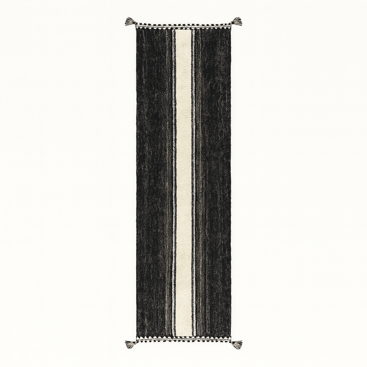 Black and white Moroccan kilim runner rug with central white stripe, handwoven flatweave wool carpet in minimalist design, perfect as hallway Moroccan runner and modern boho floor decor.