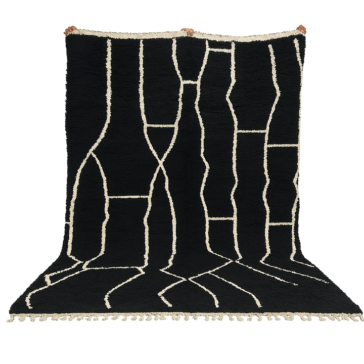 Black and white Moroccan wool rug with modern geometric line design