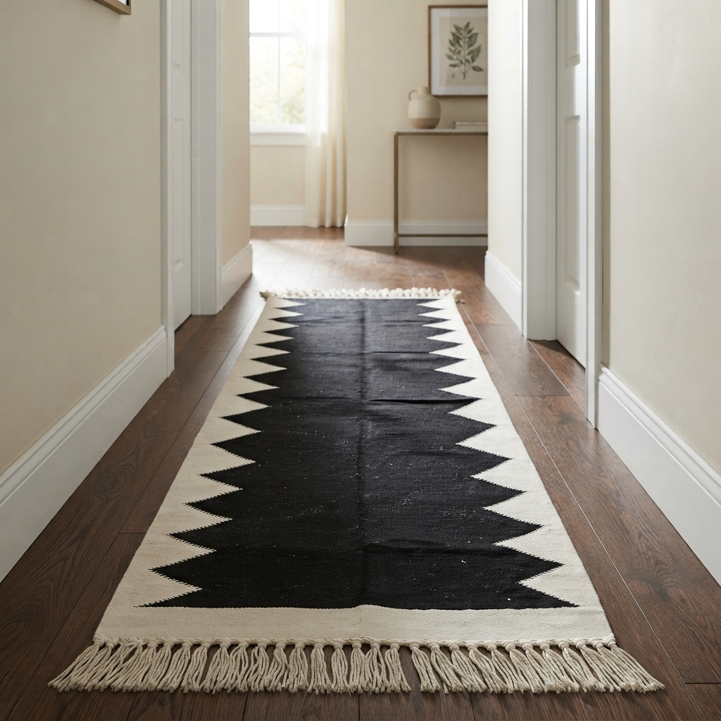 Handmade black and white Moroccan kilim runner rug with bold zigzag geometric design and flatwoven Berber pattern