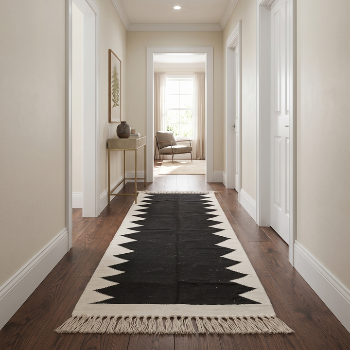 Handmade black and white Moroccan kilim runner rug with bold zigzag geometric design and flatwoven Berber pattern