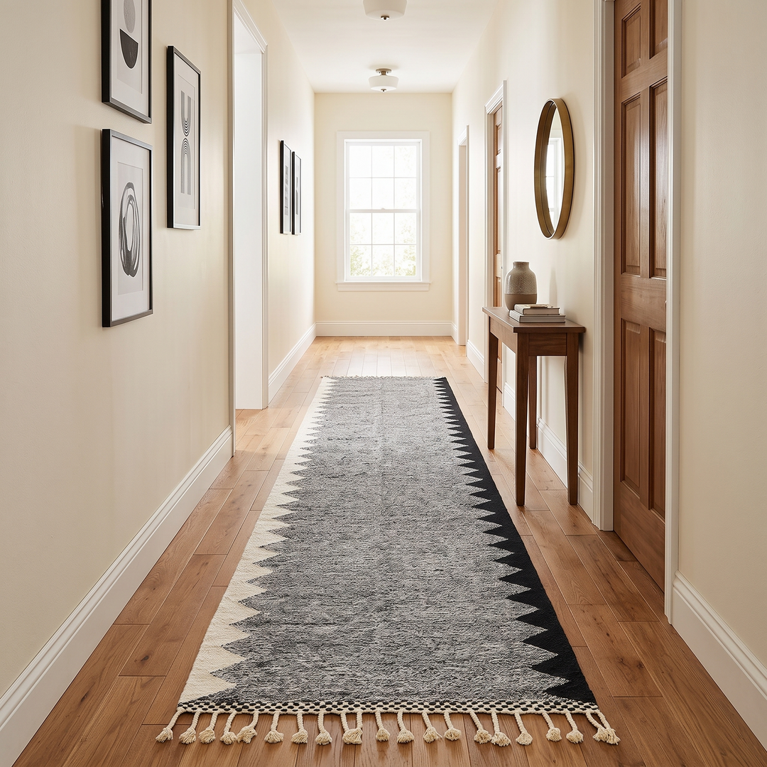 Handmade black and white Moroccan kilim runner rug with bold zigzag geometric pattern and flatwoven wool texture