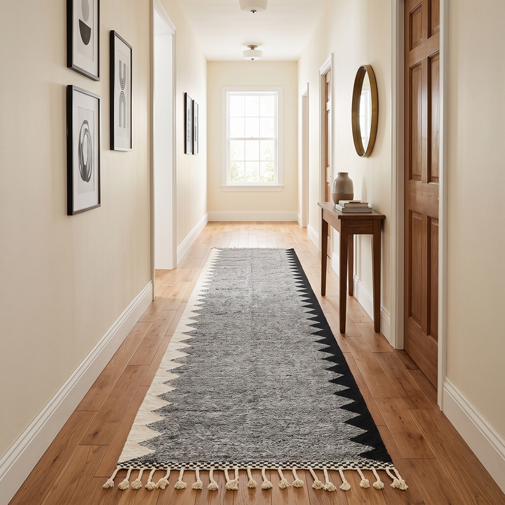 Handmade black and white Moroccan kilim runner rug with bold zigzag geometric pattern and flatwoven wool texture