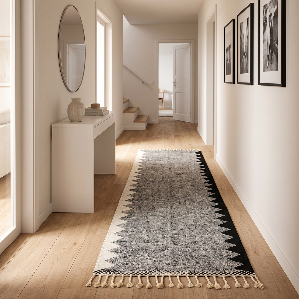Handmade black and white Moroccan kilim runner rug with bold zigzag geometric pattern and flatwoven wool texture