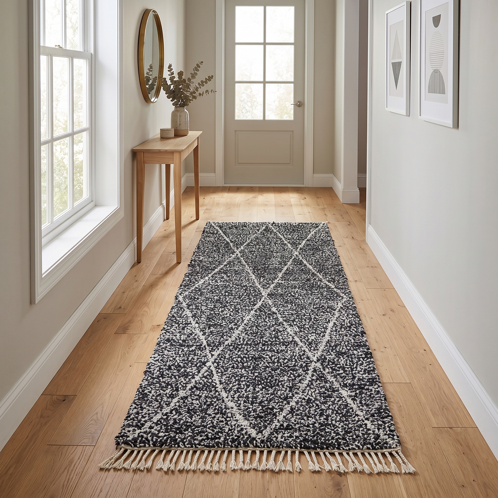 Handmade black and white Moroccan runner rug with diamond lattice pattern in natural wool, Beni Ourain style shag runner.