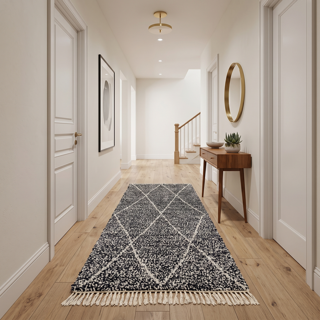 Handmade black and white Moroccan runner rug with diamond lattice pattern in natural wool, Beni Ourain style shag runner.
