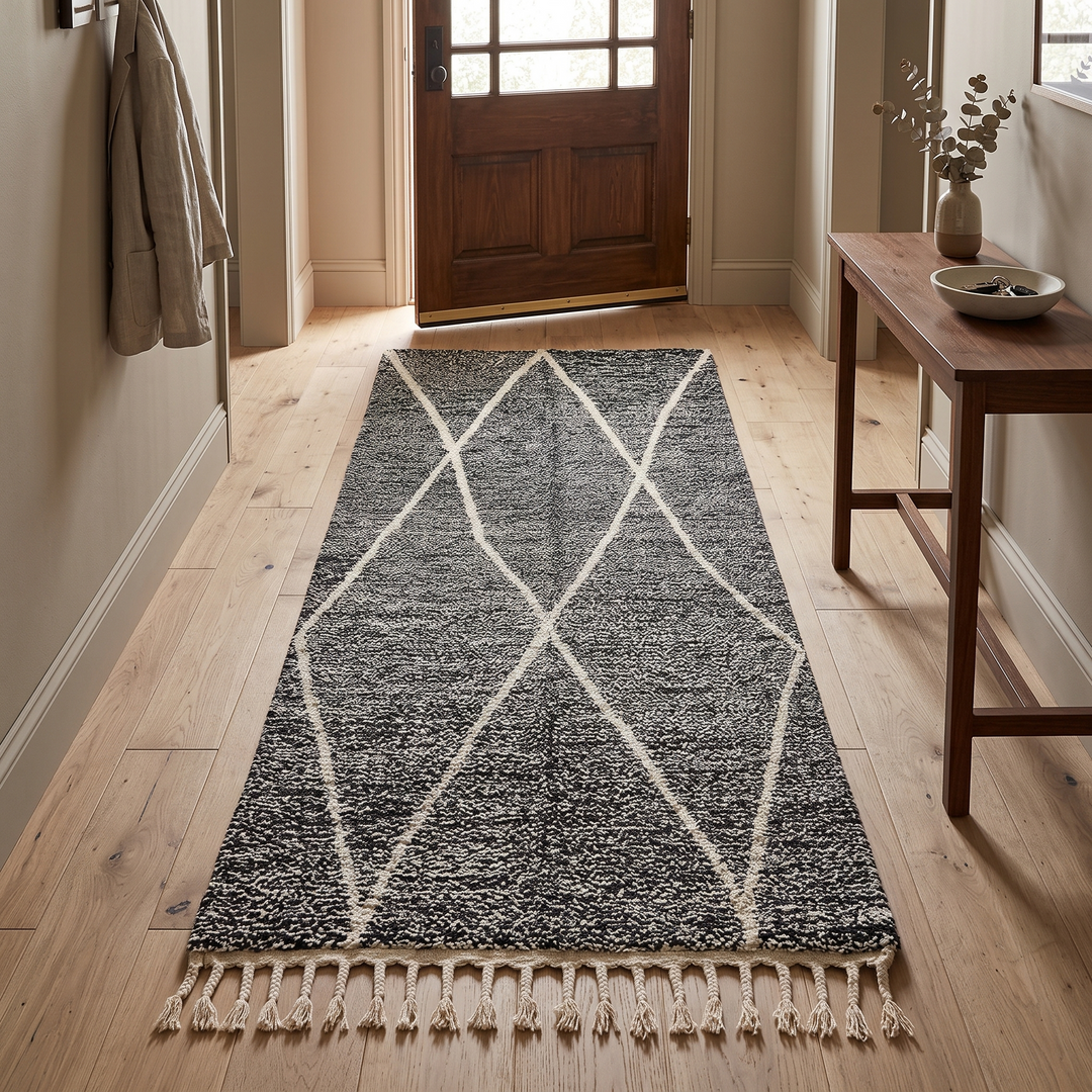 Black and white Moroccan wool runner rug with geometric diamond pattern and tassels, handmade by Berber artisans