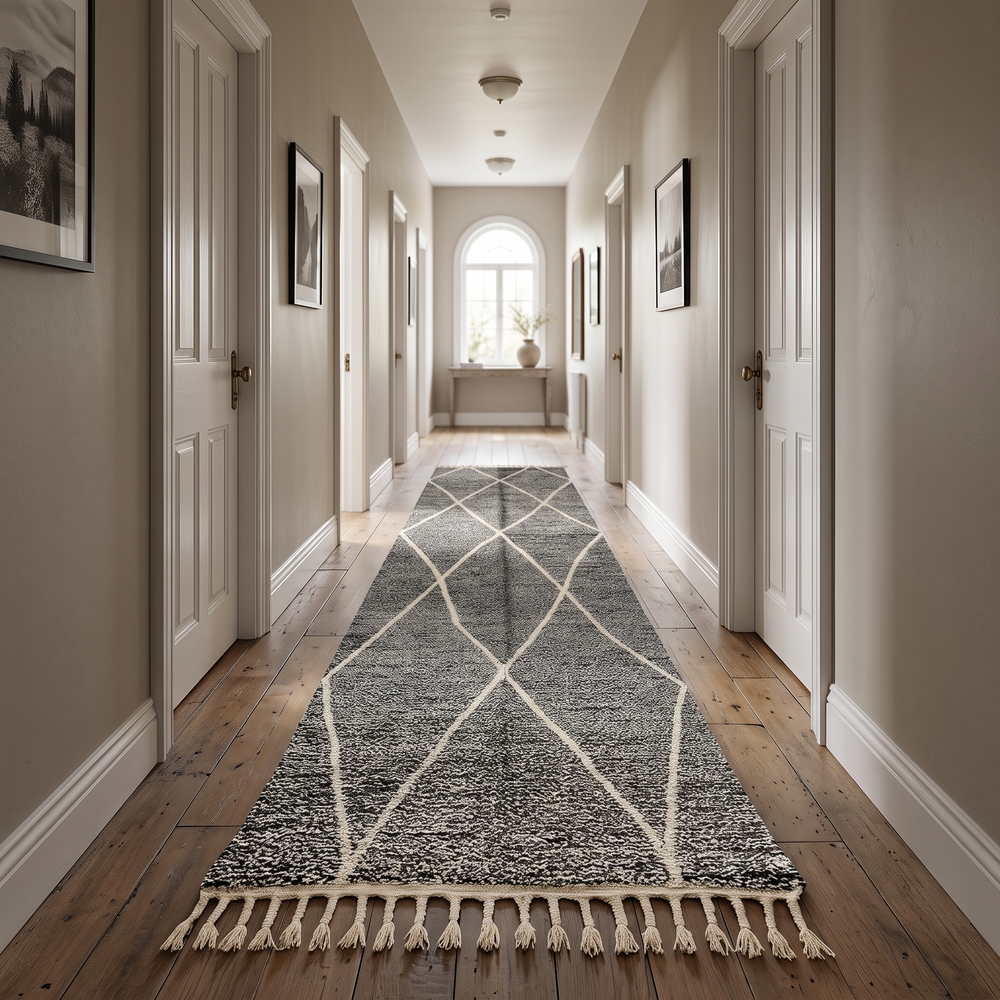 Black and white Moroccan wool runner rug with geometric diamond pattern and tassels, handmade by Berber artisans