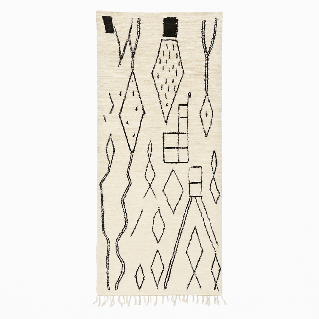 Handmade black and white Moroccan runner rug with minimalist Berber symbols and white wool base