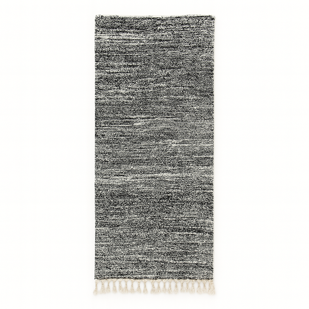 Black and white Moroccan wool runner rug with handmade shag texture and Berber woven pattern, modern boho hallway runner carpet