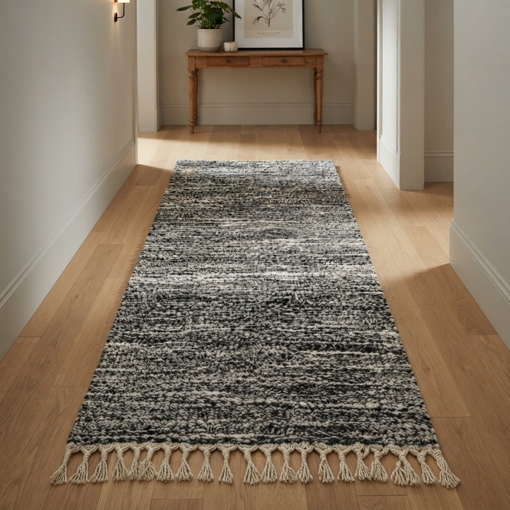 Black and white Moroccan wool runner rug with handmade shag texture and Berber woven pattern, modern boho hallway runner carpet
