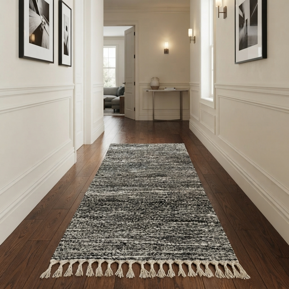 Black and white Moroccan wool runner rug with handmade shag texture and Berber woven pattern, modern boho hallway runner carpet
