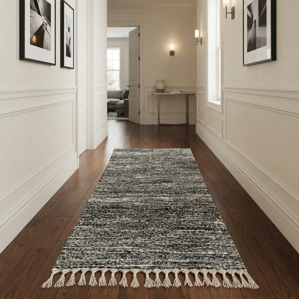 Black and white Moroccan wool runner rug with handmade shag texture and Berber woven pattern, modern boho hallway runner carpet