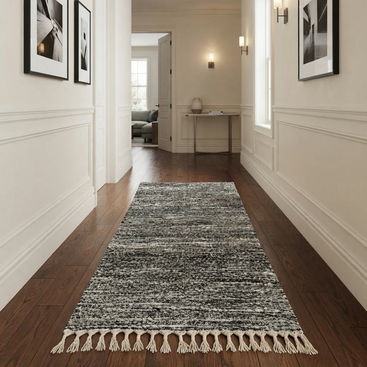 Black and white Moroccan wool runner rug with handmade shag texture and Berber woven pattern, modern boho hallway runner carpet