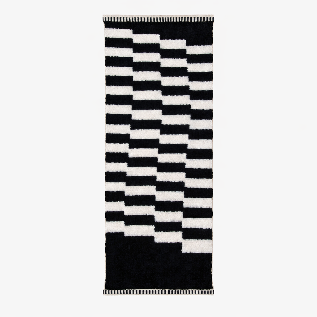Black and white Moroccan Berber runner rug with geometric wool pattern, handmade hallway runner