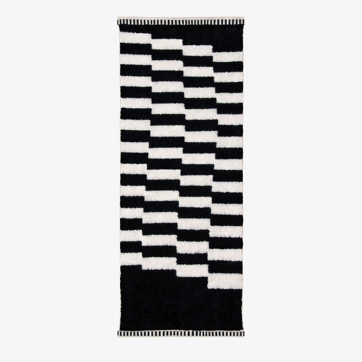 Black and white Moroccan Berber runner rug with geometric wool pattern, handmade hallway runner