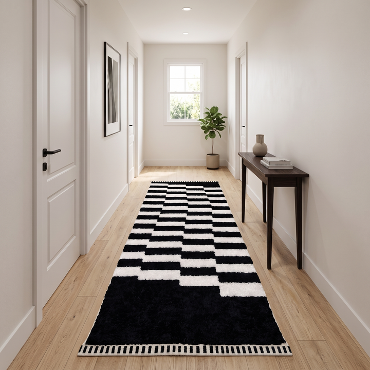 Black and white Moroccan Berber runner rug with geometric wool pattern, handmade hallway runner