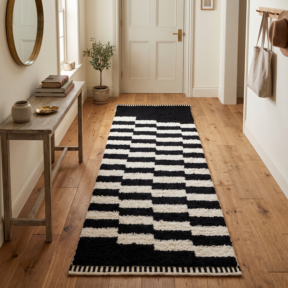 Black and white Moroccan Berber runner rug with geometric wool pattern, handmade hallway runner