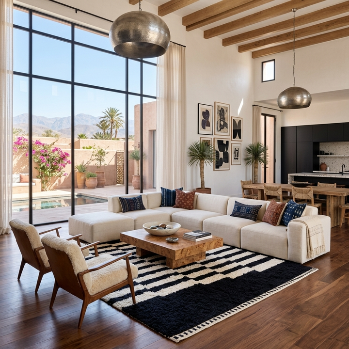 Modern black white Moroccan Berber rug with stepped lines