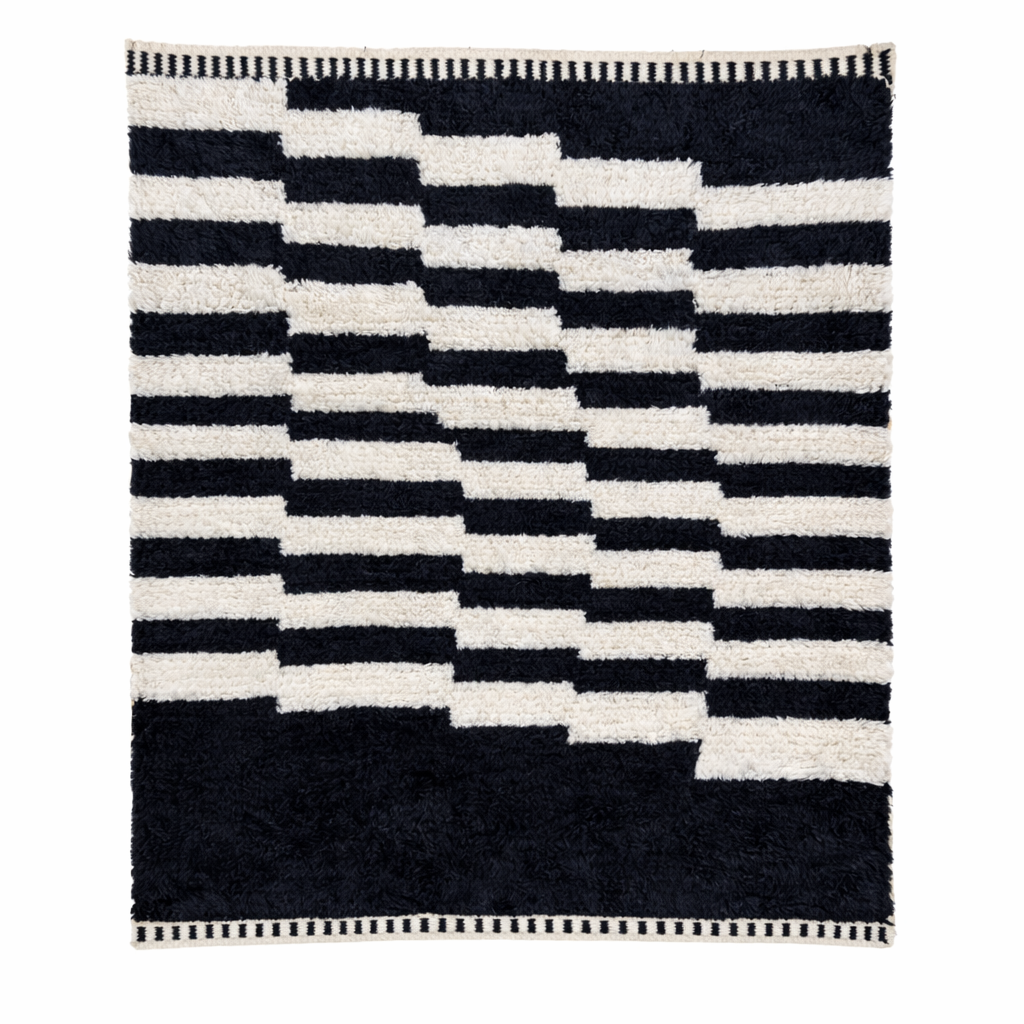 Black and white Moroccan wool rug with stepped Berber geometric pattern