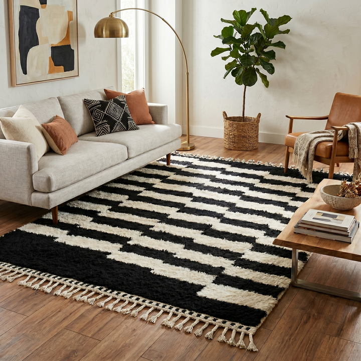 Modern black white Moroccan Berber rug with stepped lines