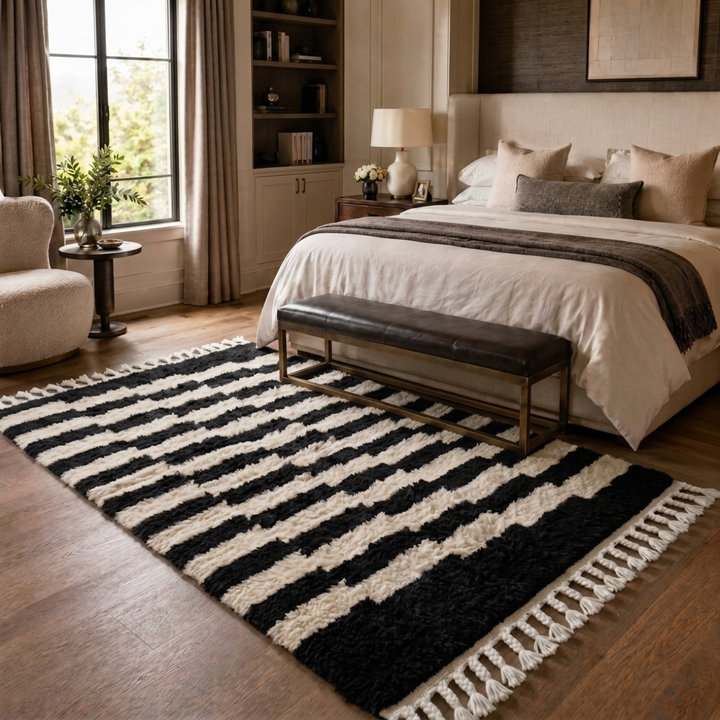 Modern black white Moroccan Berber rug with stepped lines