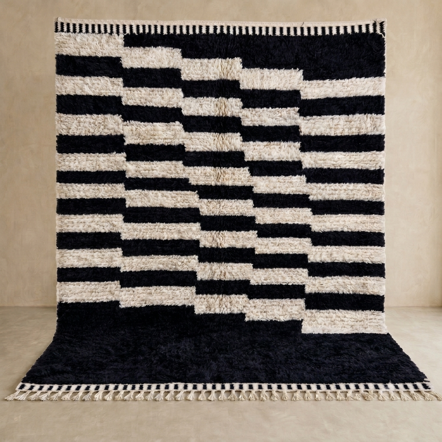 Modern black white Moroccan Berber rug with stepped lines