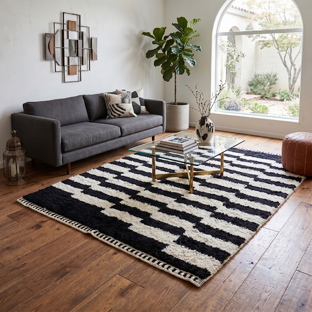 Modern black white Moroccan Berber rug with stepped lines