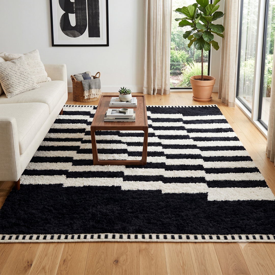 Modern black white Moroccan Berber rug with stepped lines