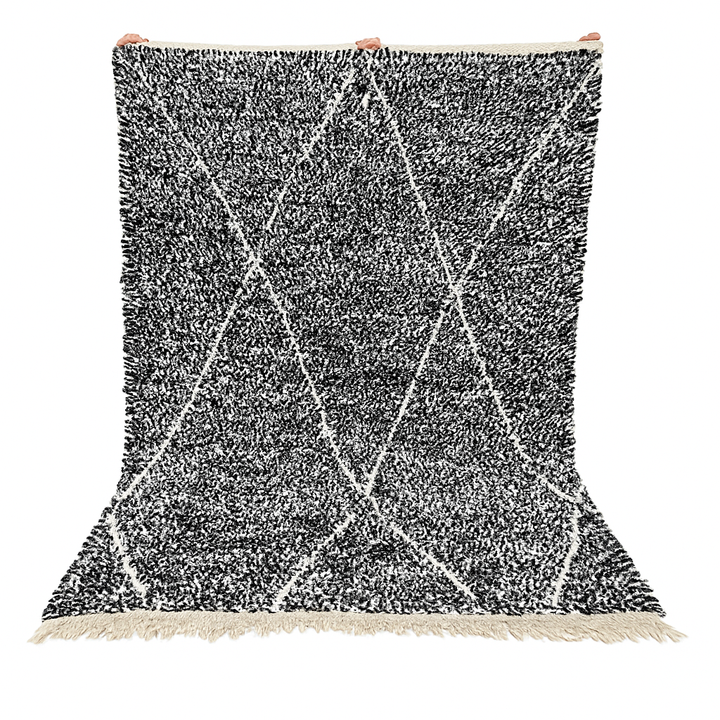 Handmade black Moroccan wool rug with cream diamond pattern – Beni Ourain style