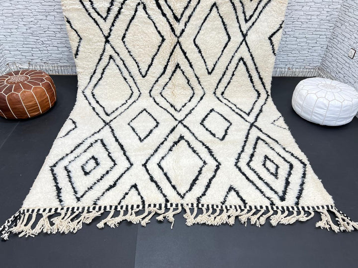Black and white Beni Ourain Moroccan wool rug with geometric diamond design