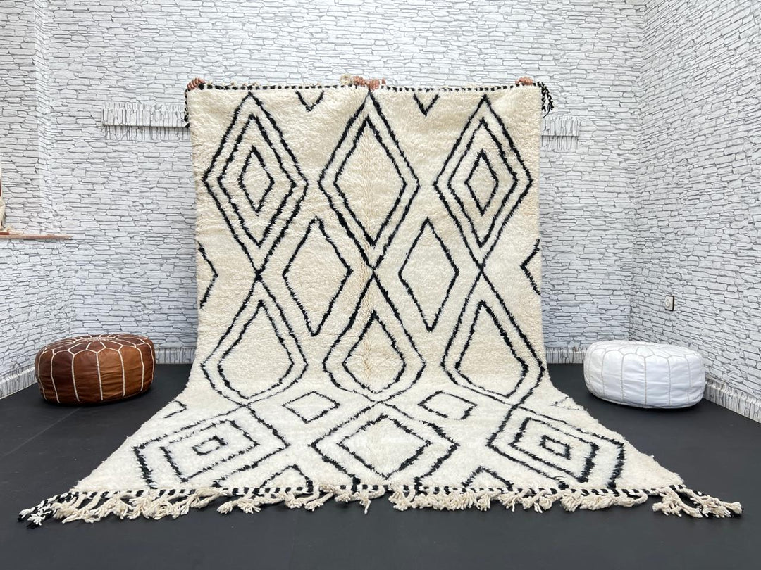Black and white Beni Ourain Moroccan wool rug with geometric diamond design