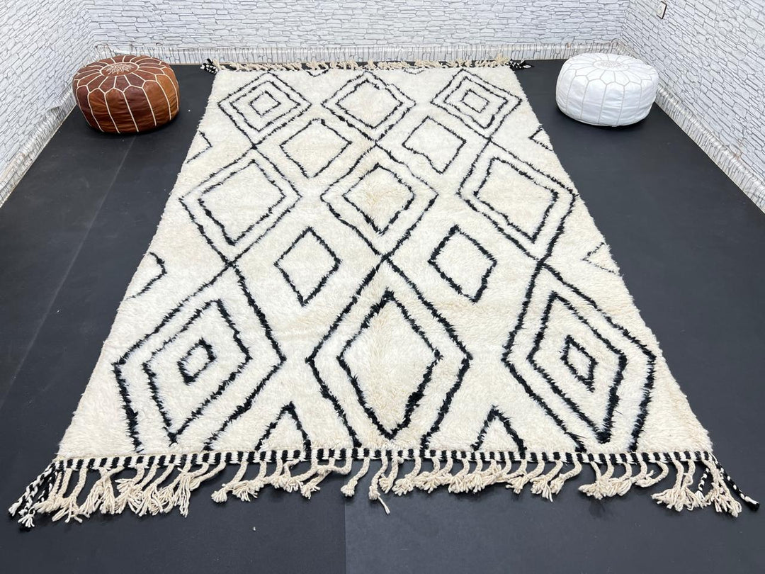 Black and white Beni Ourain Moroccan wool rug with geometric diamond design