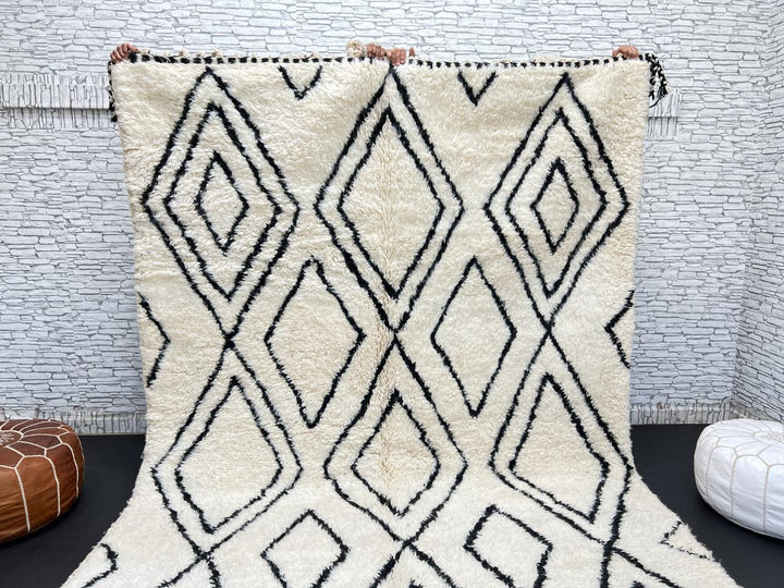 Black and white Beni Ourain Moroccan wool rug with geometric diamond design