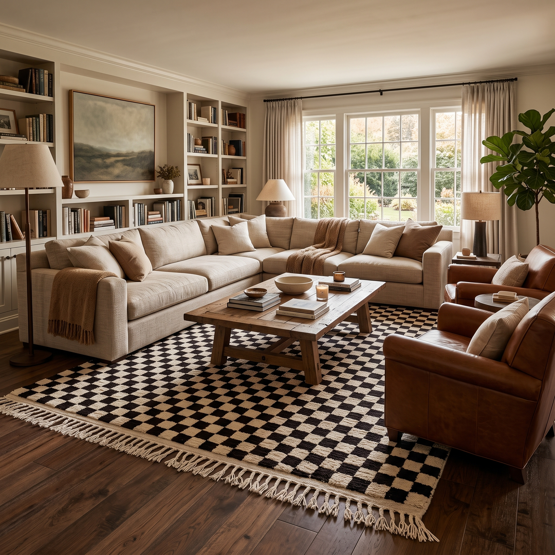 Brown and white checkered Moroccan wool rug, handmade flatweave design with geometric pattern