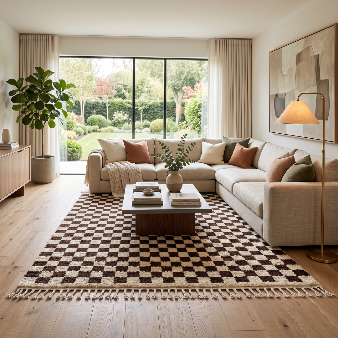 Brown and white checkered Moroccan wool rug, handmade flatweave design with geometric pattern