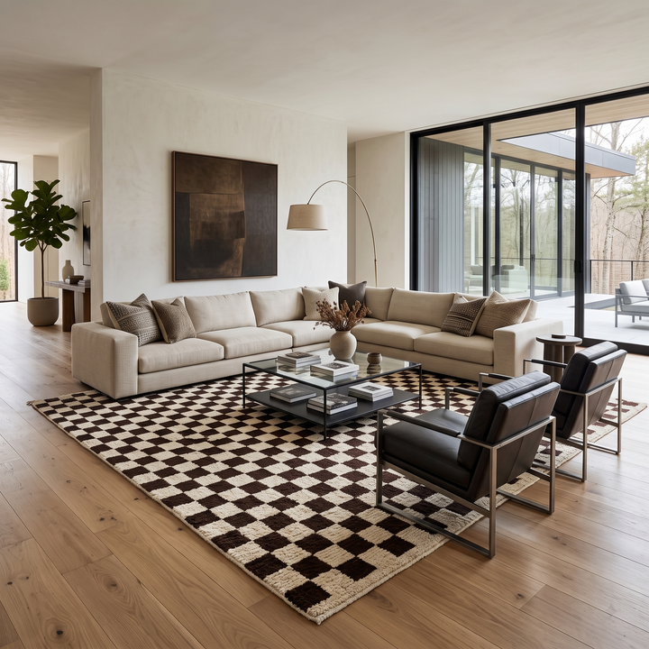 Brown and white checkered Moroccan wool rug, handmade flatweave design with geometric pattern