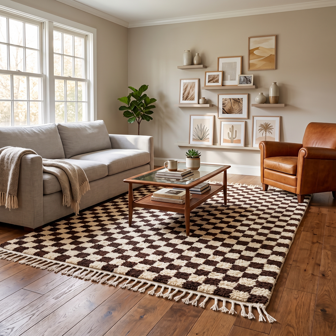 Brown and white checkered Moroccan wool rug, handmade flatweave design with geometric pattern