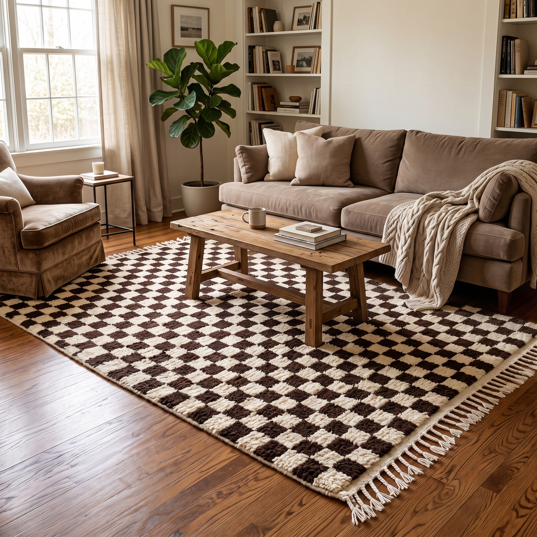 Brown and white checkered Moroccan wool rug, handmade flatweave design with geometric pattern