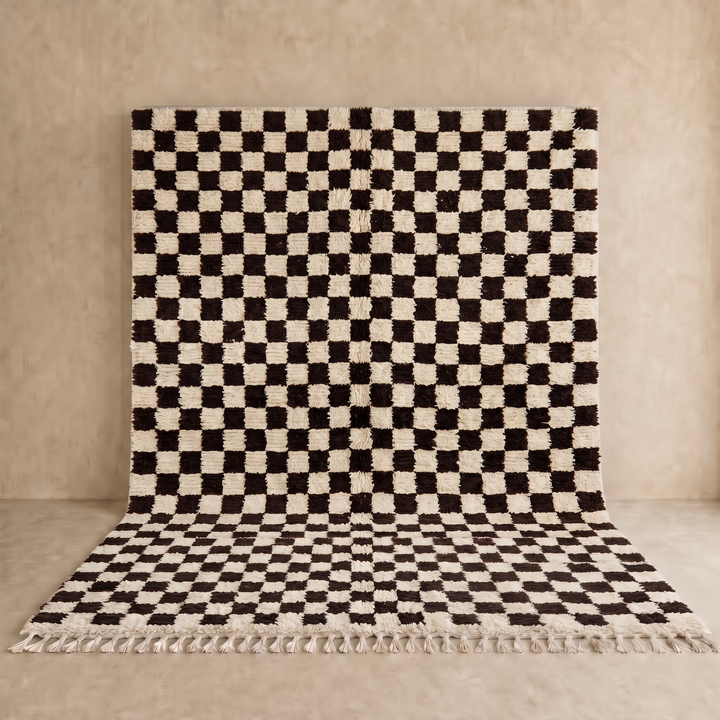Brown and white checkered Moroccan wool rug, handmade flatweave design with geometric pattern