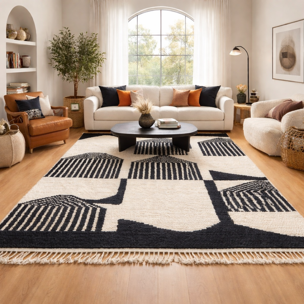 Black and white Moroccan Berber wool rug with architectural geometric pattern, handmade shag rug with tassels in modern living room