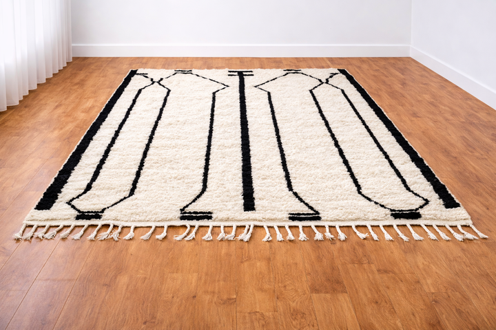 Black and white Moroccan Berber wool rug with linear geometric pattern, handmade plush shag rug with tassels
