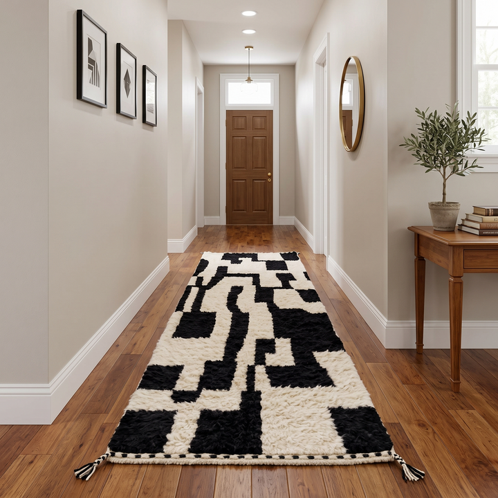 Black and white Moroccan wool runner rug with abstract Berber geometric pattern