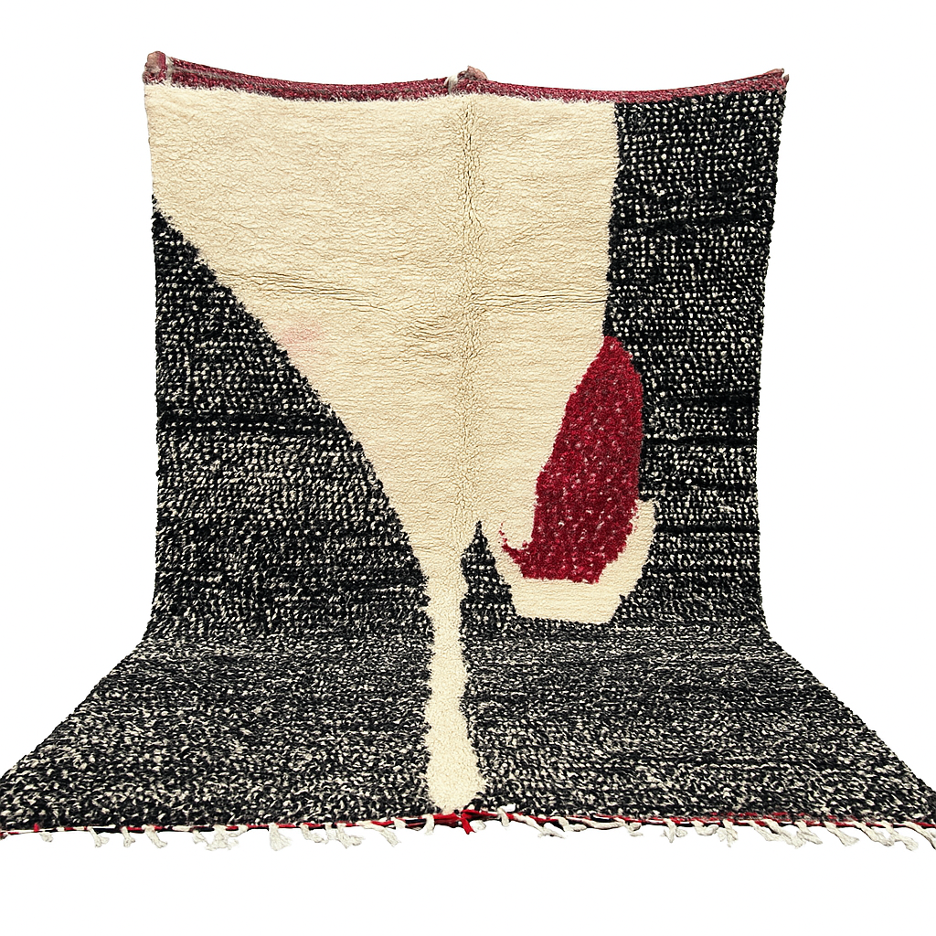 Handmade Moroccan wool rug with abstract black, cream, and red geometric design