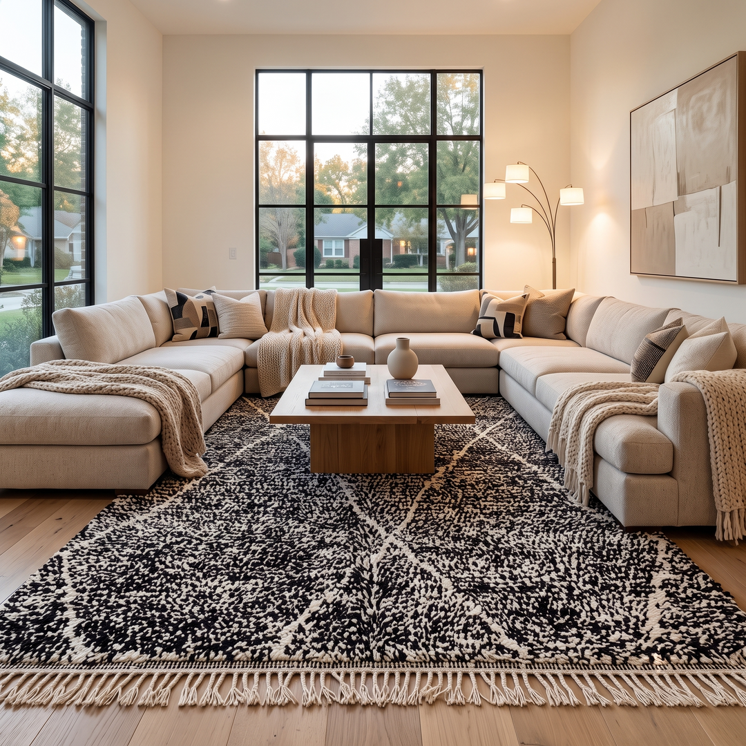 Handmade black Moroccan wool rug with cream diamond pattern – Beni Ourain style