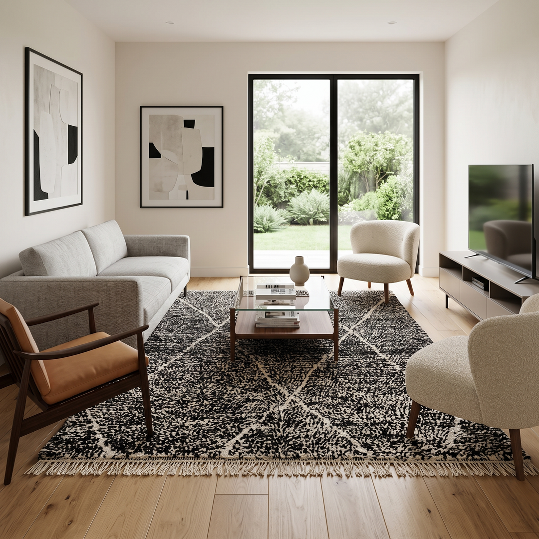 Handmade black Moroccan wool rug with cream diamond pattern – Beni Ourain style