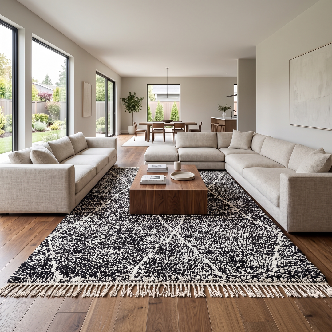 Handmade black Moroccan wool rug with cream diamond pattern – Beni Ourain style