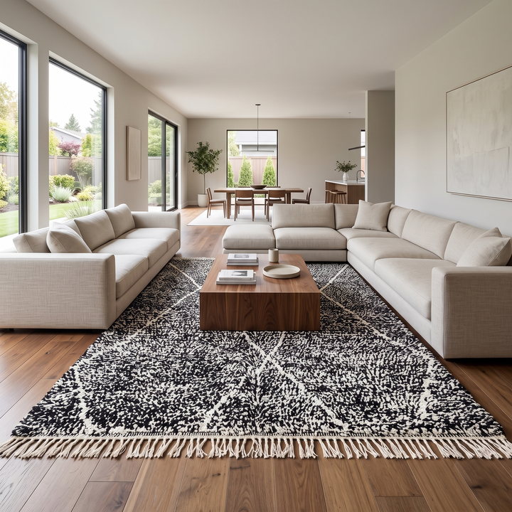 Handmade black Moroccan wool rug with cream diamond pattern – Beni Ourain style