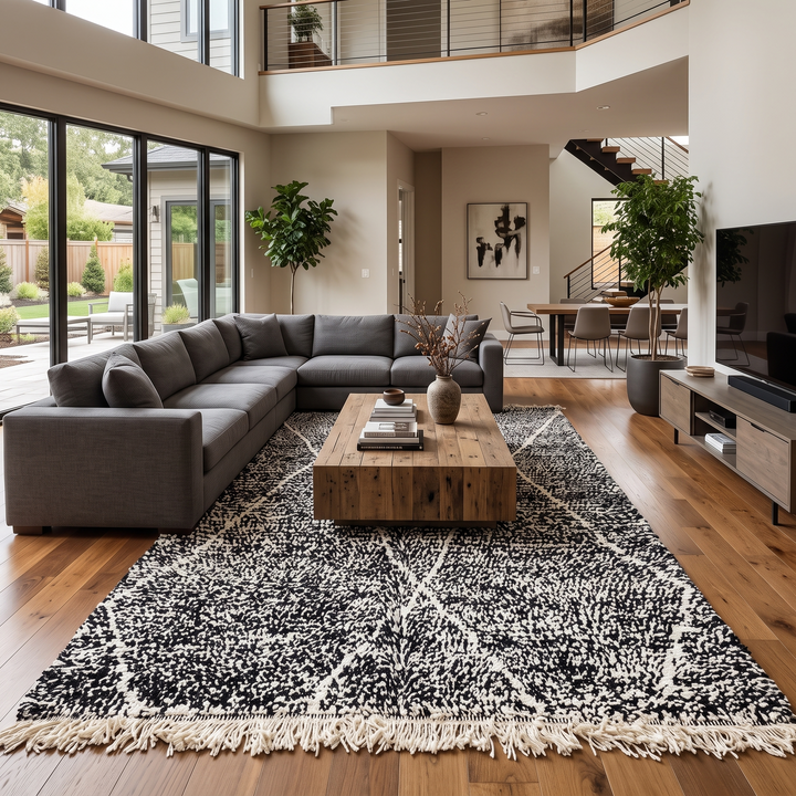 Handmade black Moroccan wool rug with cream diamond pattern – Beni Ourain style